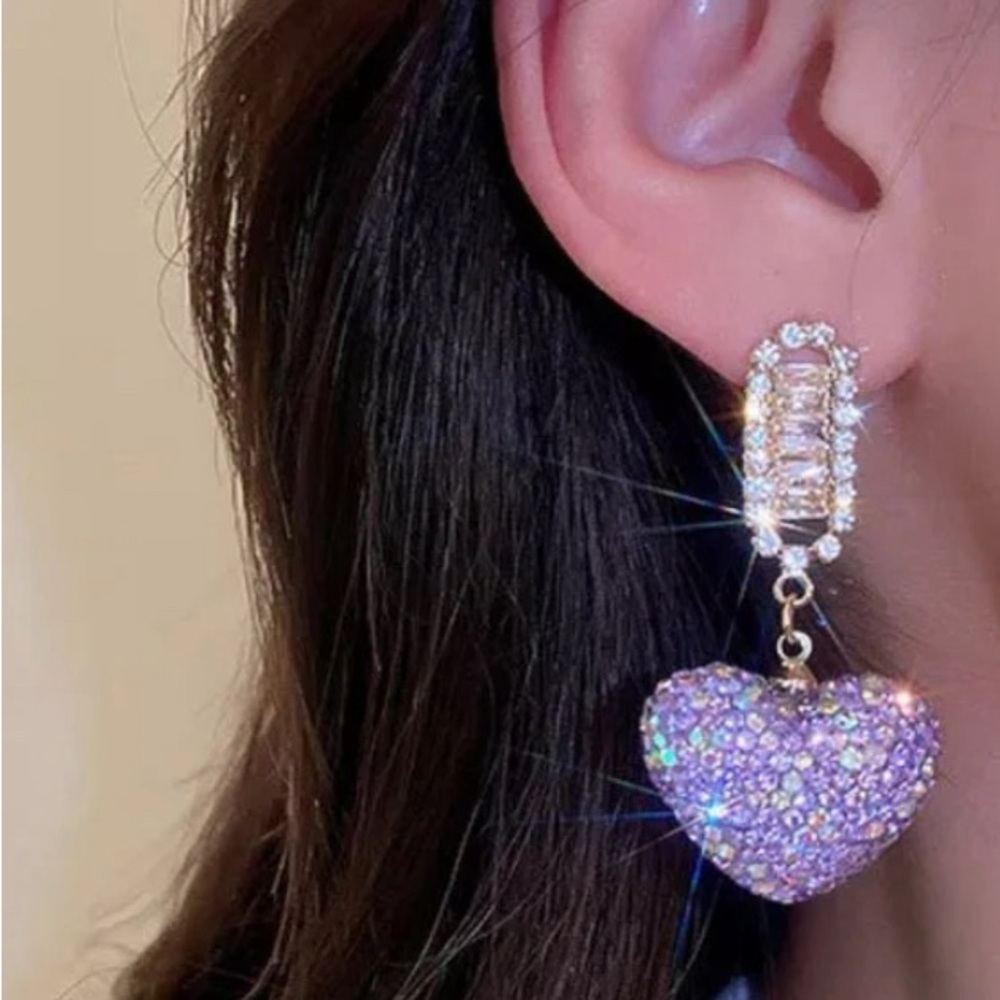 Purple Heart Rhinestone Drop Earrings